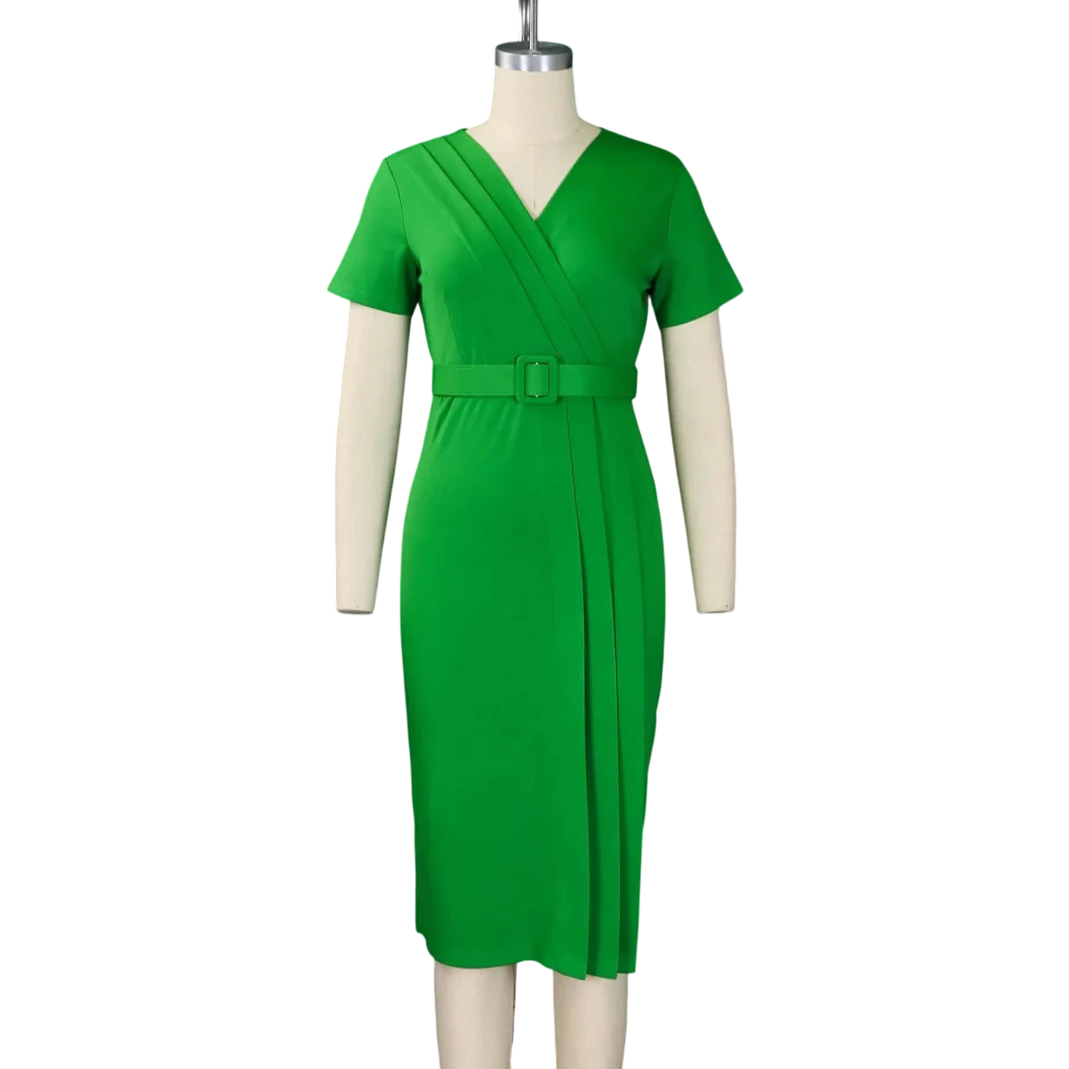SHOWLU Women's V-Neck Short Sleeve Belted Office Midi Dress, elegant straight-waist formal dress for work or business occasions