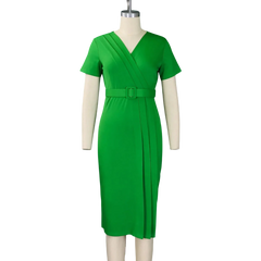 A bright green midi dress with a V-neck, short sleeves, and a matching buckled waist belt.