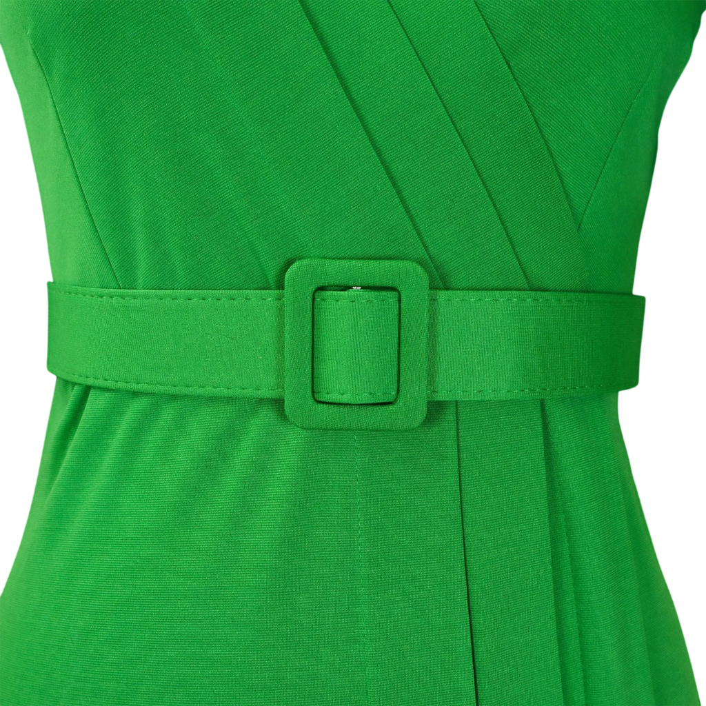 SHOWLU Women's V-Neck Short Sleeve Belted Office Midi Dress, elegant black business dress with waist belt and straight silhouette.