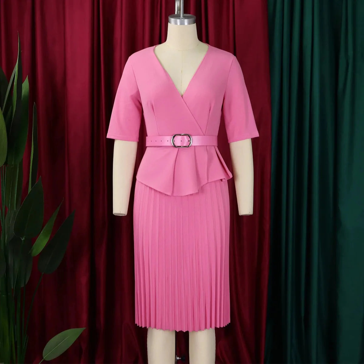 Elegant SHOWLU V-Neck Pleated Office Dress for women, mid-calf length, with a belt, perfect for professional business attire.