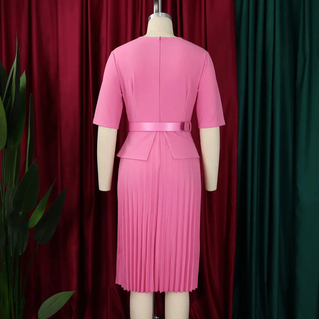 Elegant SHOWLU V-Neck Pleated Office Dress for women, mid-calf length, with belt, suitable for professional business attire.