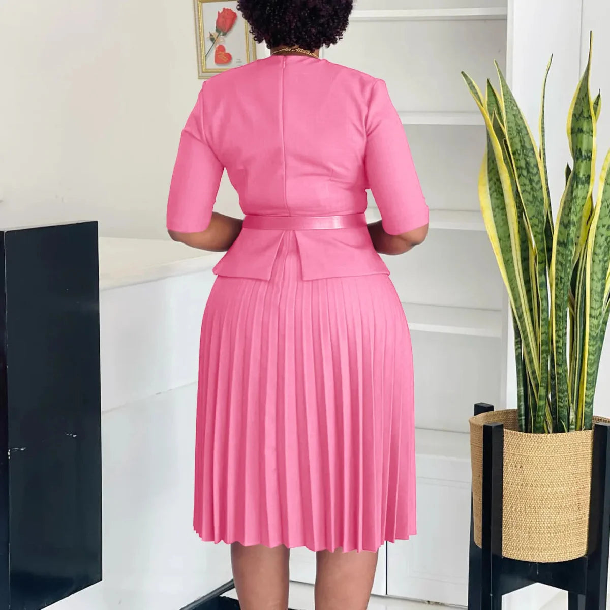 SHOWLU V-Neck Pleated Office Dress for women, mid-calf length, with belt, V-neck, half-sleeve, suitable for professional business attire.