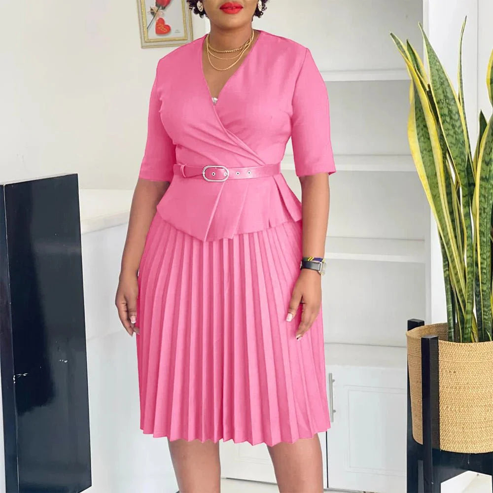 Elegant SHOWLU V-Neck Pleated Office Dress for women, mid-calf length, with belt, suitable for professional business attire.