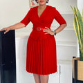 Elegant SHOWLU V-Neck Pleated Office Dress for women, mid-calf length, with belt and short sleeves, perfect for professional business wear.