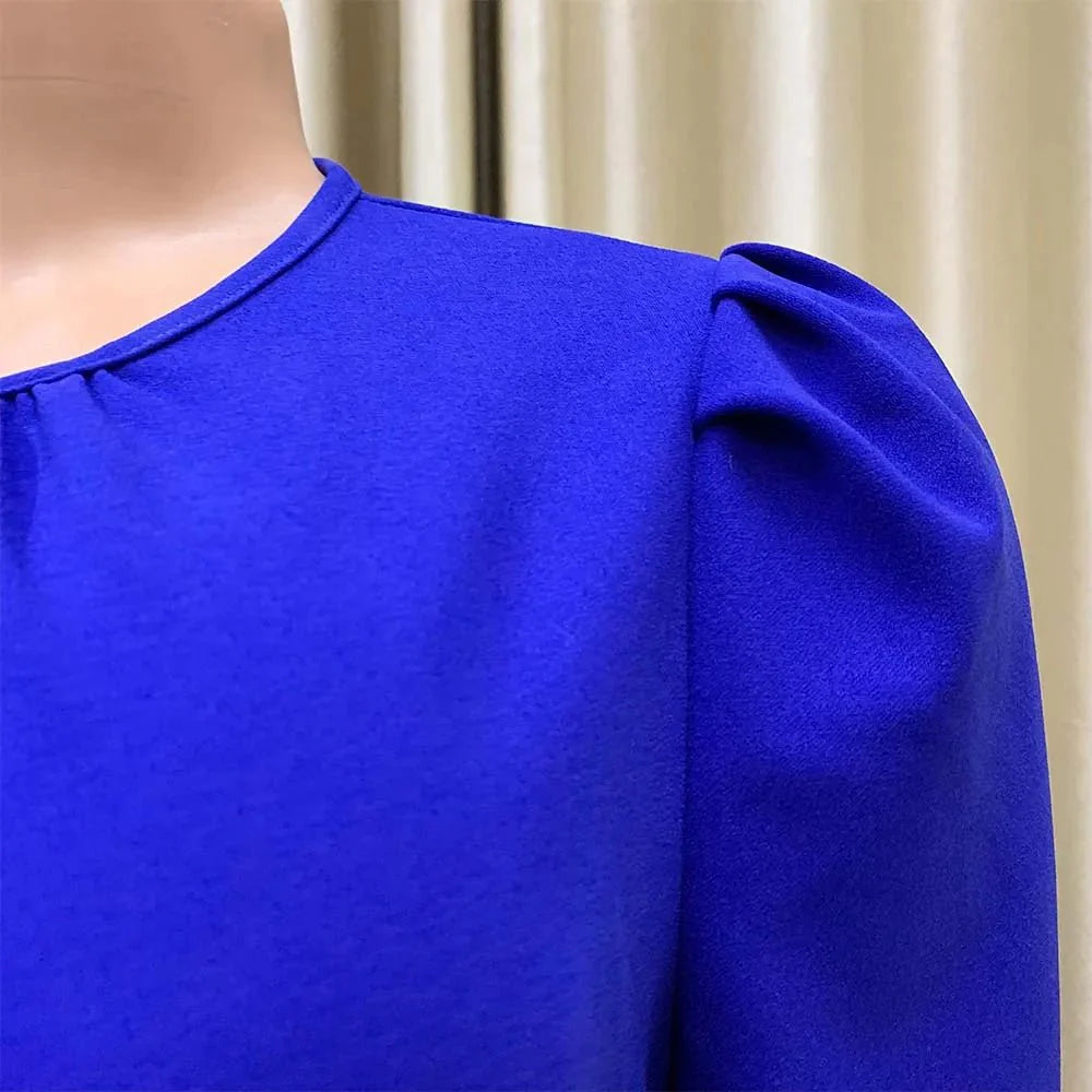 Elegant Showlu Fashion women's pleated office dress with short sleeves, midi length, suitable for formal work or business occasions.