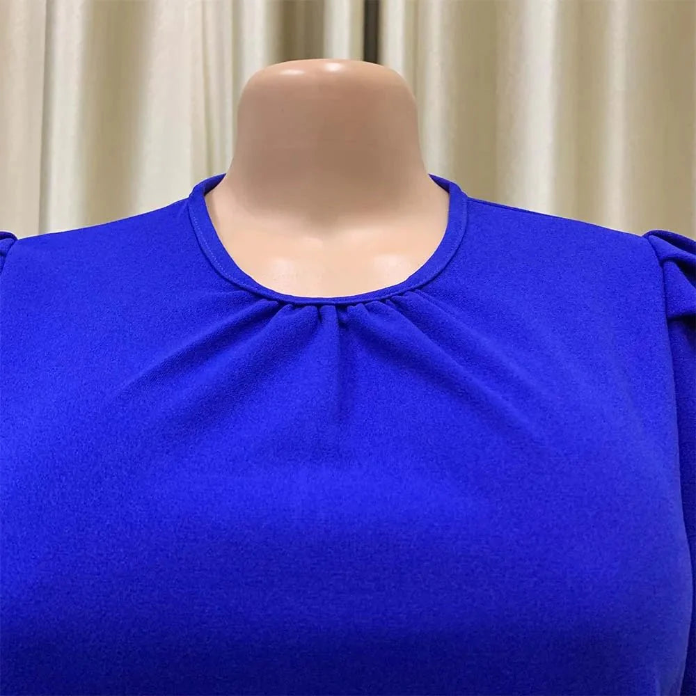 Elegant women's pleated office dress by Showlu Fashion, short sleeve midi dress in a formal business style.