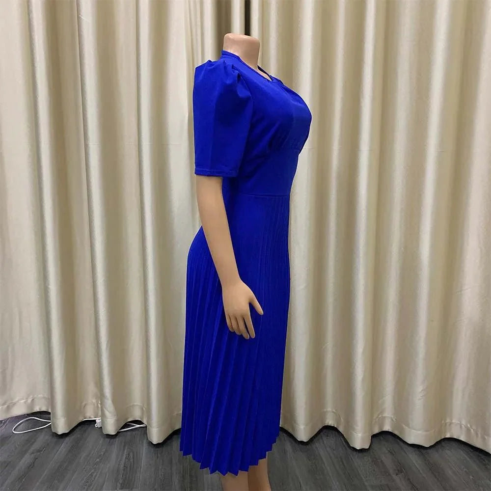Elegant Showlu Fashion women's pleated office dress with short sleeves, midi length, perfect for business and formal work wear.