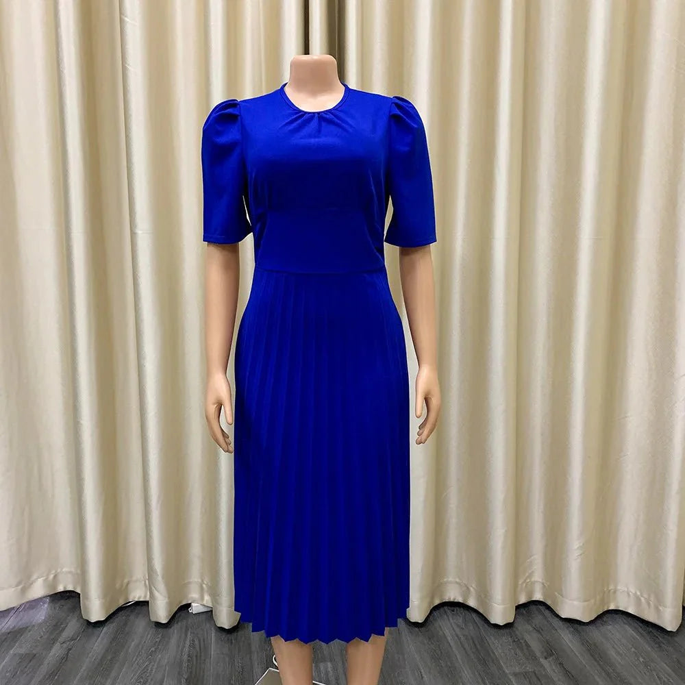 Elegant Showlu Fashion women's pleated office dress with short sleeves, midi length, ideal for formal work or business occasions.