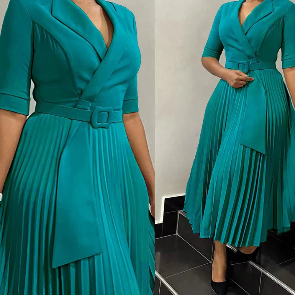 SHOWLU FASHION women's notched collar midi dress with half sleeves, belted waist, perfect for office or fall occasions.