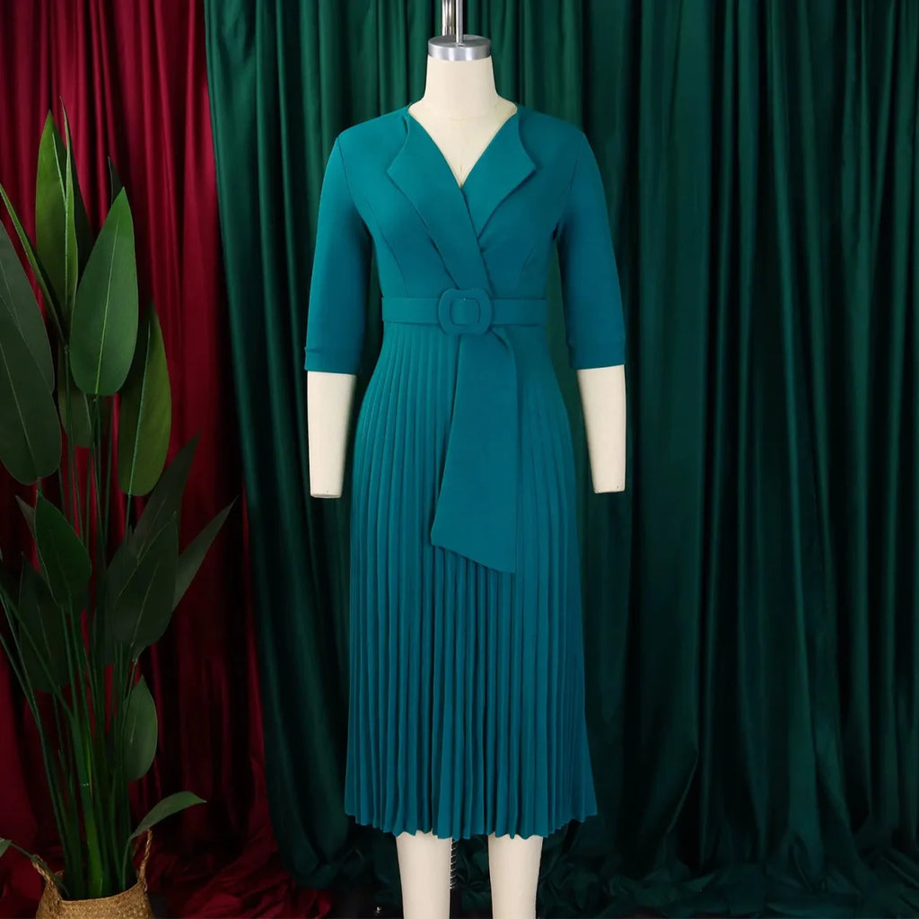 Elegant women's notched collar midi dress by SHOWLU FASHION with half sleeves, belted waist, perfect for office and fall occasions.
