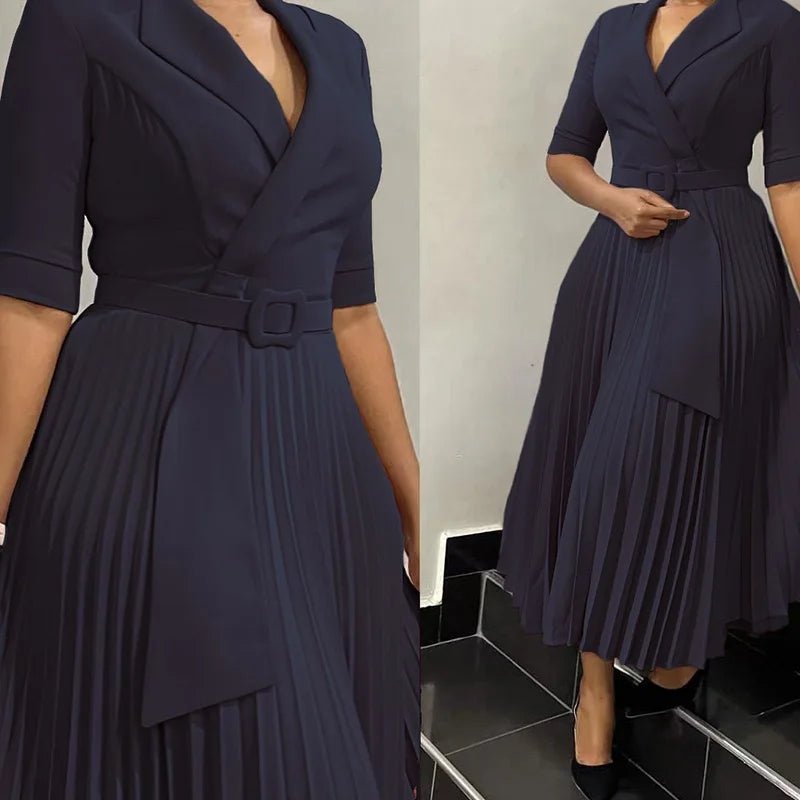 Elegant Office Ladies Dresses 2024 Autumn Fall Notched Collar Half Sleeve Belt Waisted Mid Calf Female Birthday Party Dress Midi - SHOWLU FASHION STORE