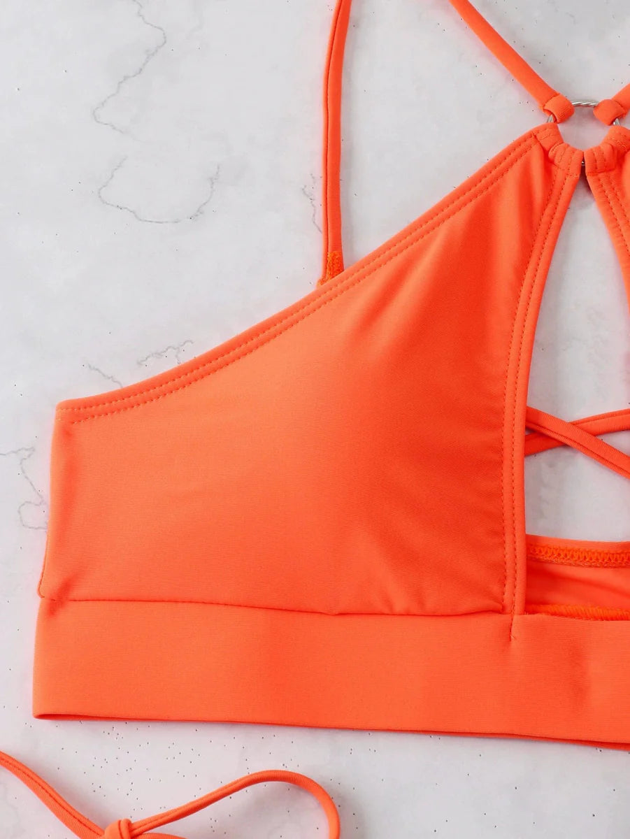 Elegant solid color Showlu Fashion women's triangle bikini with shoelace ties, perfect for stylish beach or poolside wear.