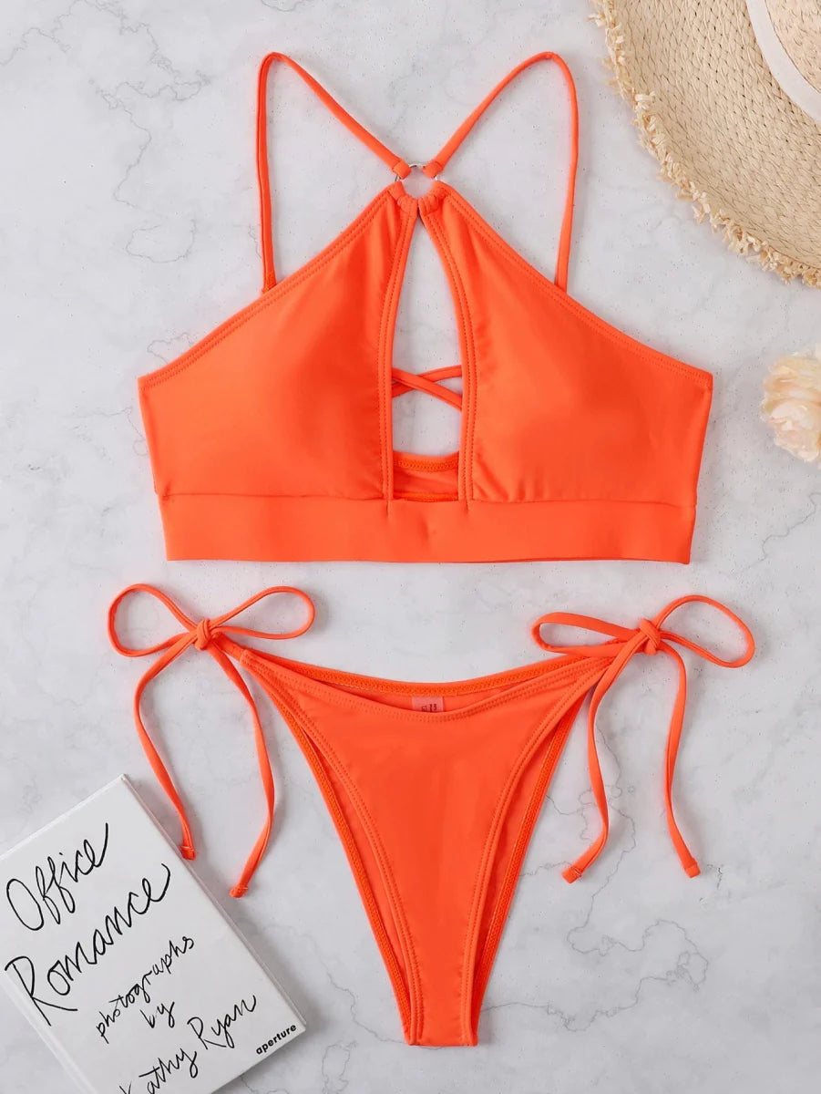Elegant Showlu Fashion women's triangle bikini with solid color shoelace design, perfect for stylish swimwear.