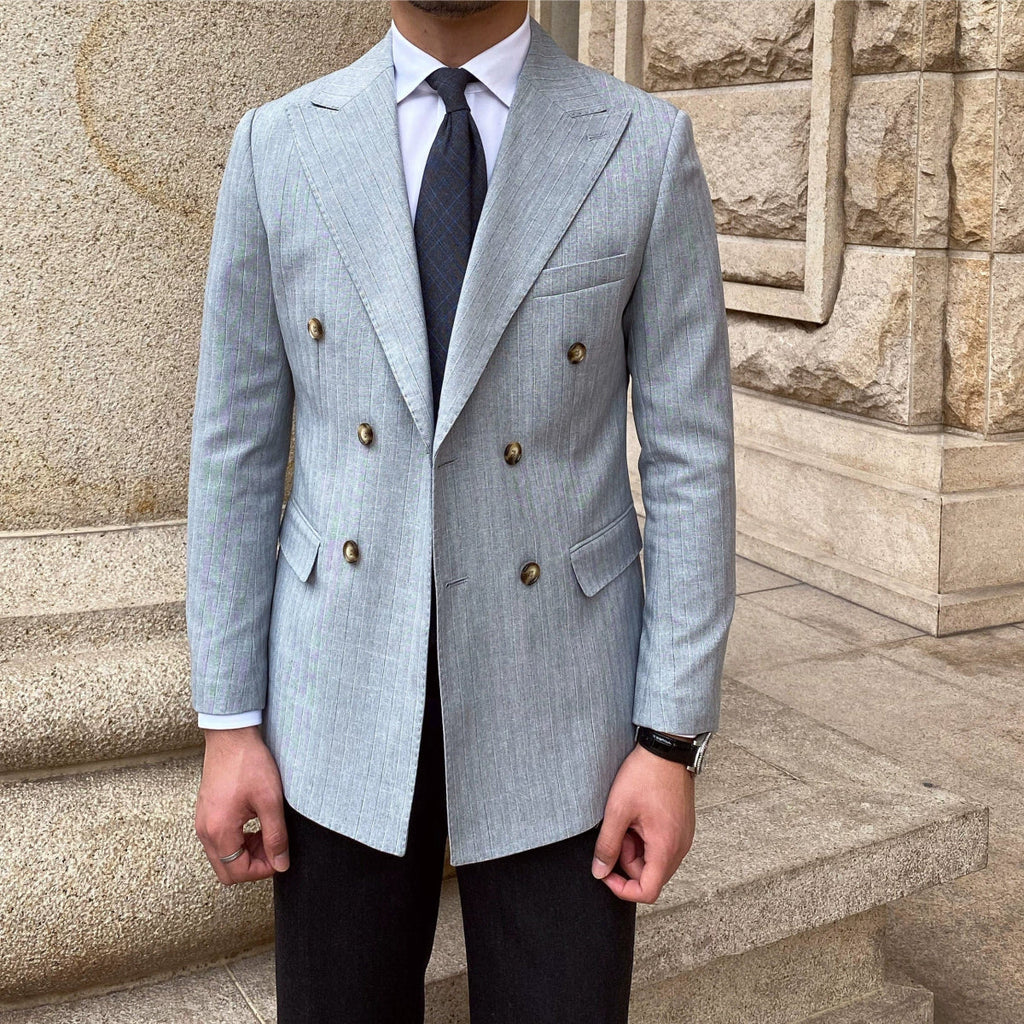 Showlu Fashion men's slim fit double-breasted striped business suit, tailored for a sleek, professional look.