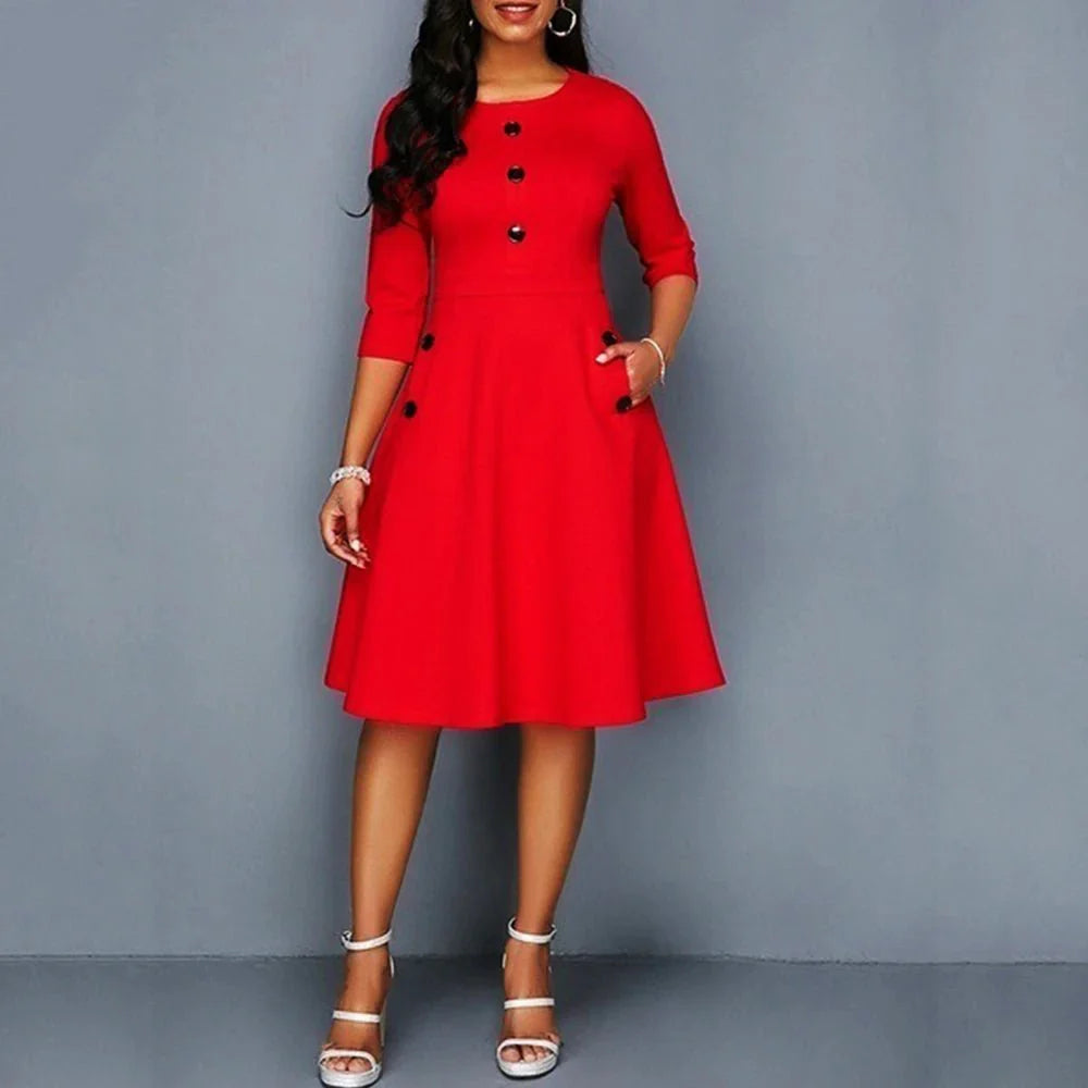 Elegant solid A-line women's party dress with O-neck, high waist, single-breasted design, pockets, and slim fit for stylish occasions.