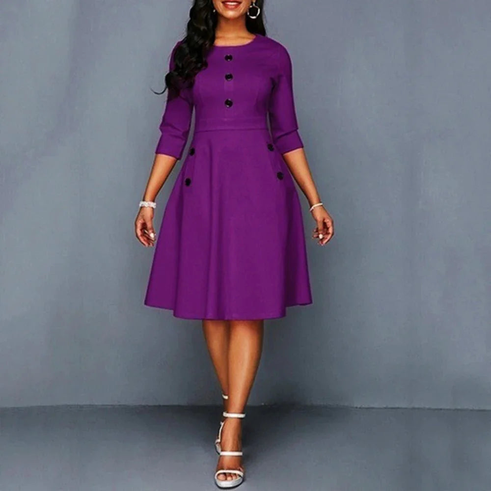 Elegant solid A-line women's party dress with O-neck, high waist, slim fit, single-breasted design, and pockets for stylish occasions.