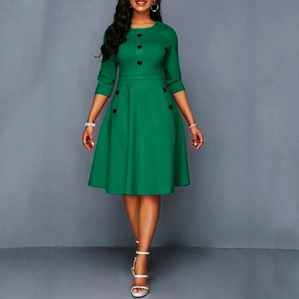 Elegant solid A-line women's party dress by SHOWLU FASHION with O-neck, high waist, pockets, and slim fit for stylish occasions.