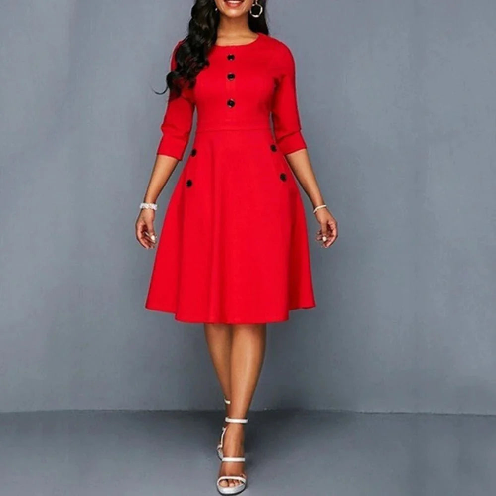 Elegant solid A-line women's dress with O-neck, high waist, and pockets, perfect for parties and formal occasions.
