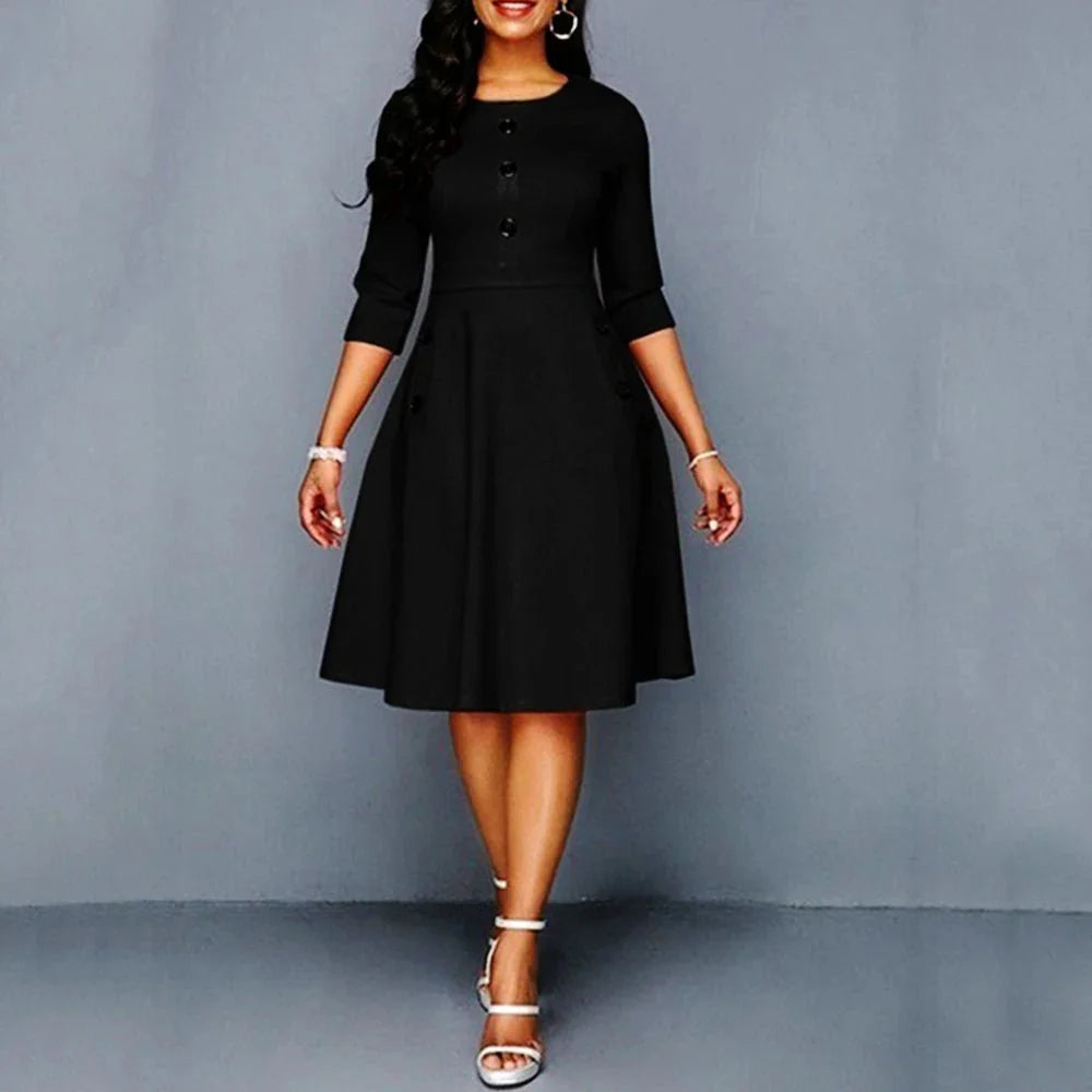 Elegant solid A-line women's party dress with O-neck, high waist, single-breasted design, pockets, perfect for special occasions.