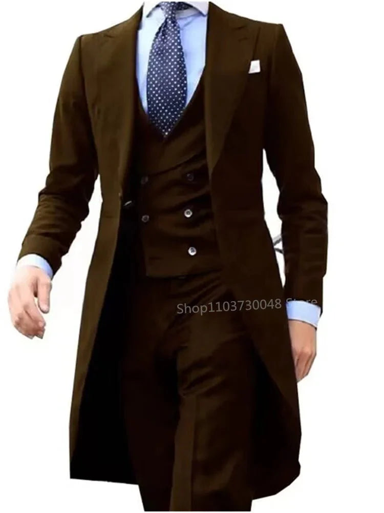 Elegant men's Kromoc 3-piece slim fit wedding suit with wool blend fabric, peak lapel tuxedo, featuring a tailcoat, vest, and pants.