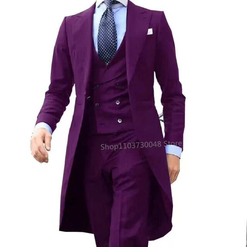 Elegant men's 3-piece wedding suit by SHOWLU FASHION with wool blend fabric, peak lapel tuxedo, single-breasted jacket, vest, and pants.