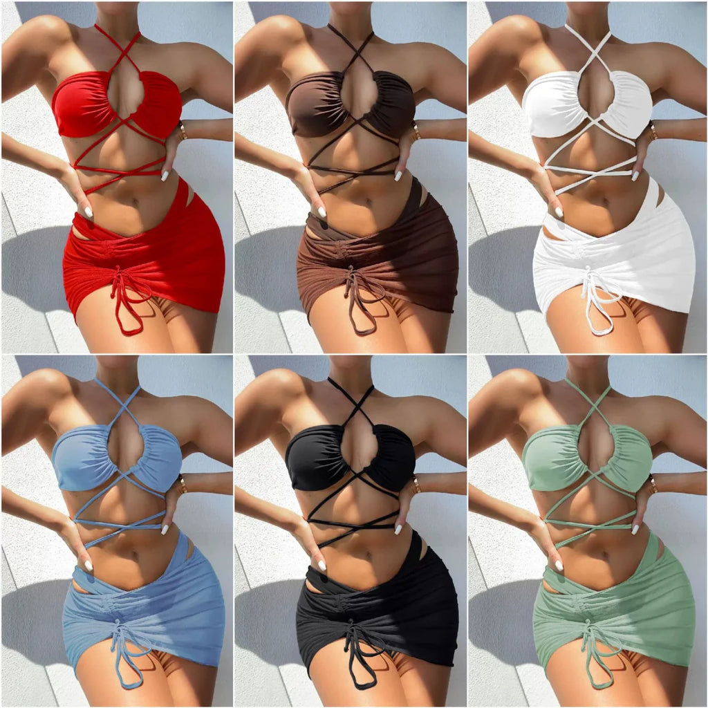 Elegant three-piece bikini set with high-waist bottoms and skirt by Showlu Fashion, perfect for stylish beachwear.
