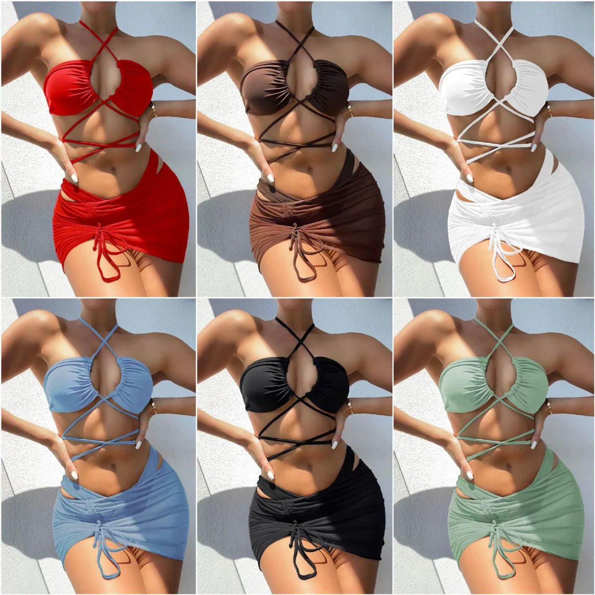 Elegant three-piece bikini set with high-waist bottoms and skirt by Showlu Fashion, perfect for stylish beachwear.