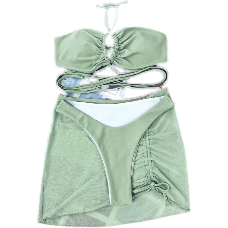 Elegant three-piece bikini set with high-waist bottom and skirt by Showlu Fashion, perfect for stylish beachwear.