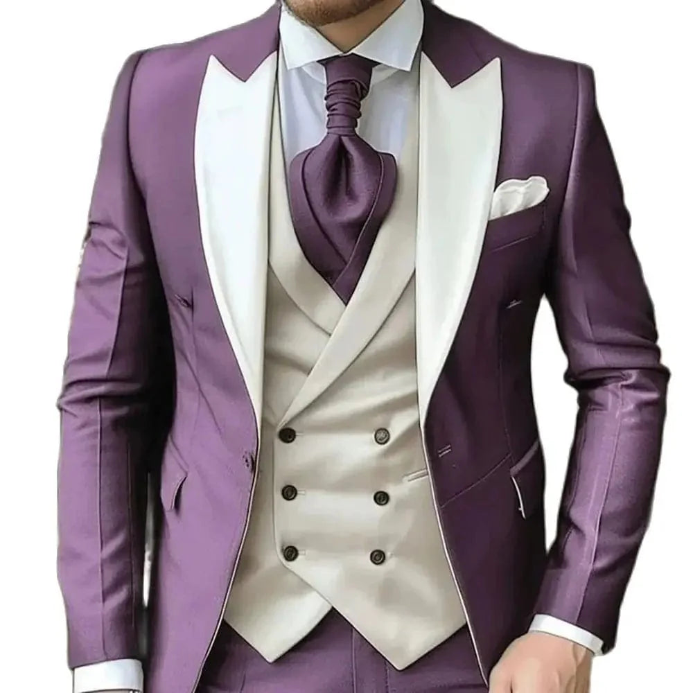 Elegant purple 3-piece men's suit with slim fit, peak lapel, jacket, vest, and pants, perfect for weddings and formal occasions.