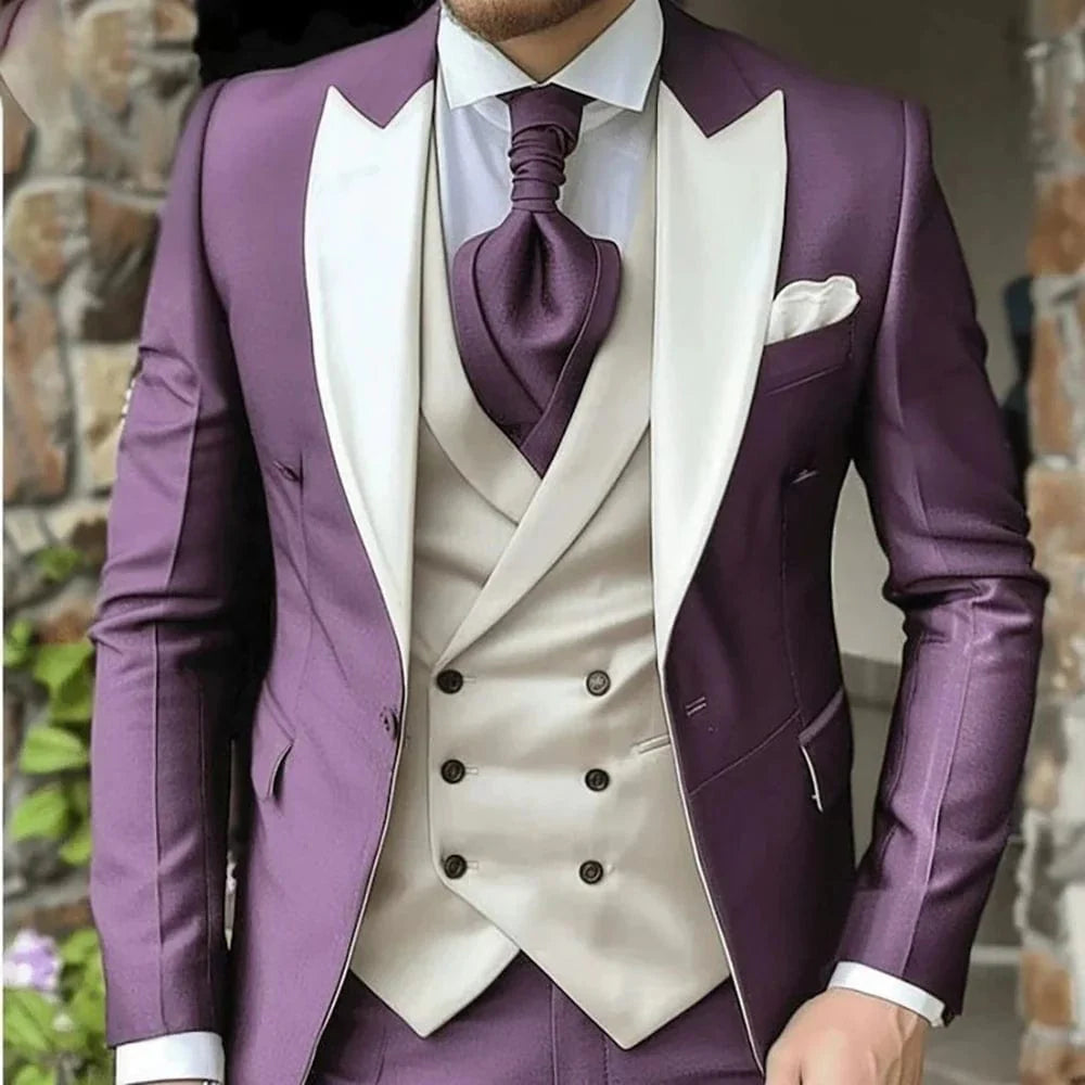 Elegant SHOWLU Purple 3-piece men's suit with slim fit, peak lapel, jacket, vest, and pants for wedding or formal occasions.