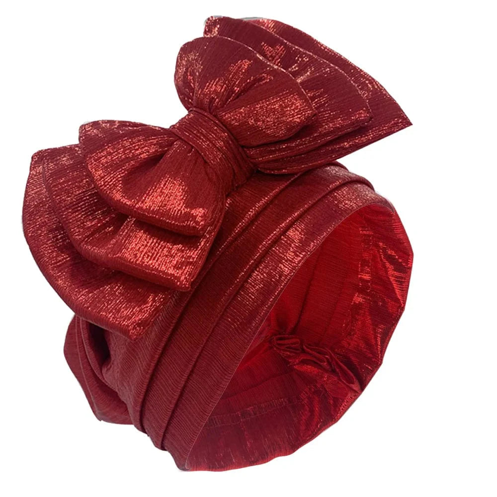 Elegant women's gold turban cap with multi-layer bowknot, African headtie, headwrap, and gele style by Showlu Fashion Store.