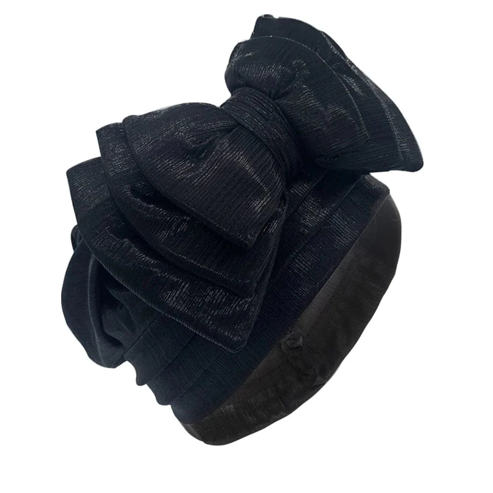 Elegant women's gold turban cap with multi-layer bowknot, African headtie, and headwrap style by JJYANJIN from Showlu Fashion.