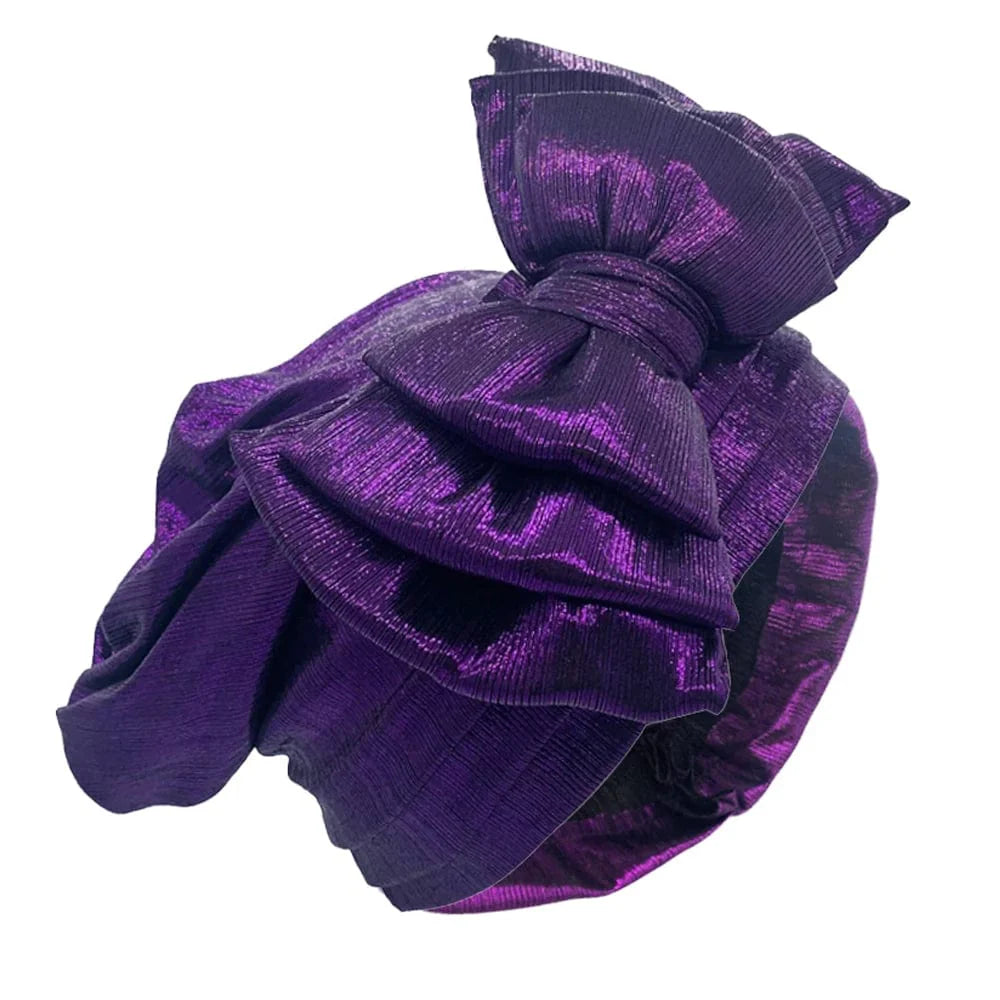 Gold women's turban cap with multi-layer bowknot, African headtie, and headwrap, stylish and elegant for women.
