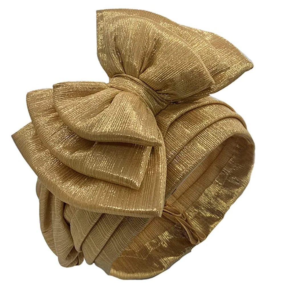 Elegant women's gold turban cap with multi-layer bowknot, African headtie, and headwrap, stylish and ready to wear.