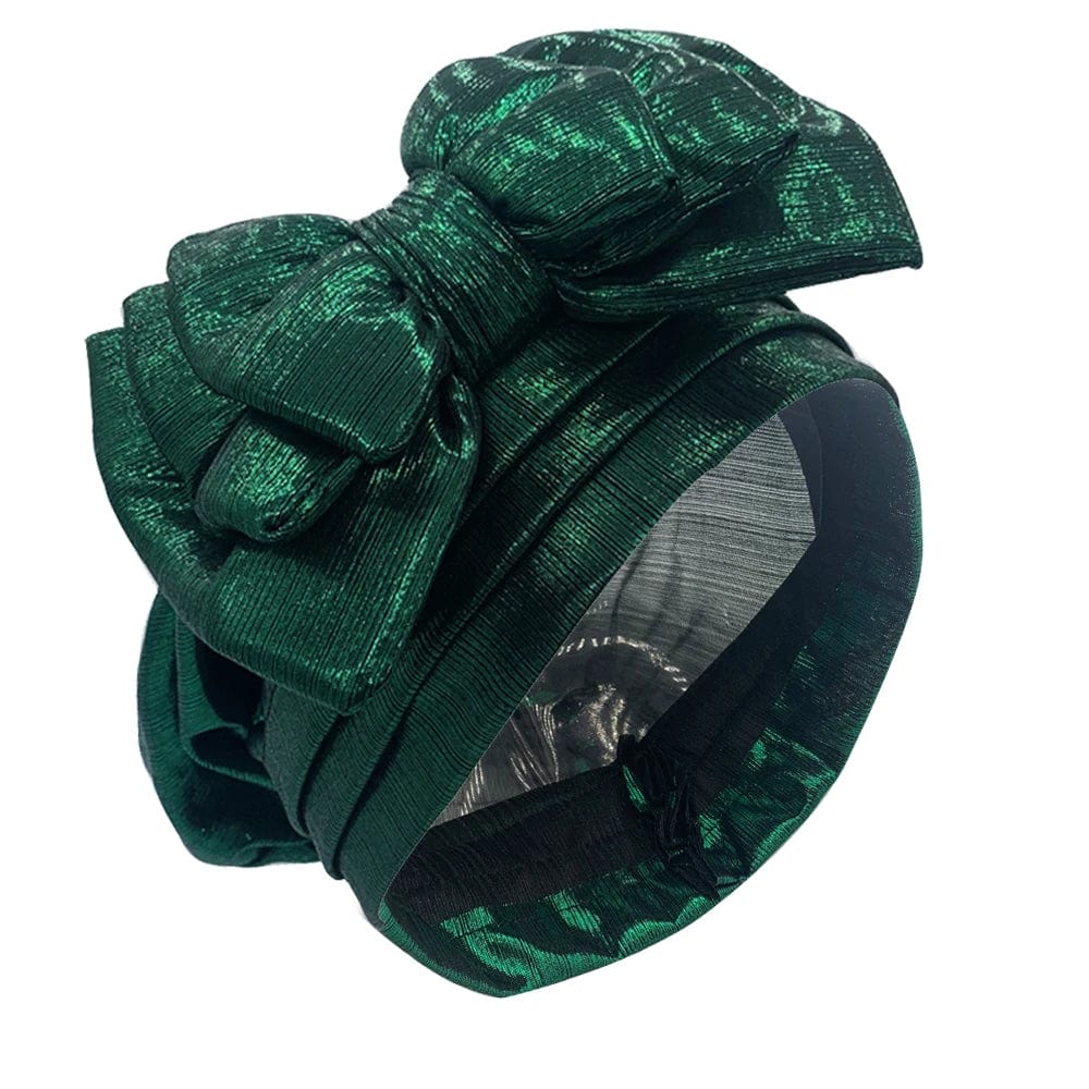 Elegant women's gold turban cap with multi-layer bowknot, African headtie, and headwrap, showcasing stylish Showlu Fashion design.
