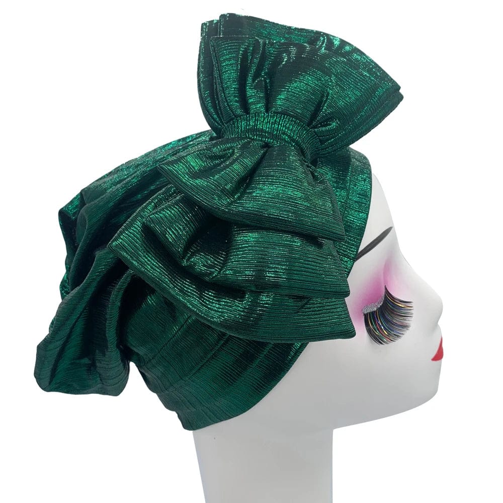 Elegant women's gold turban cap with multi-layer bowknot, African headtie, headwrap, and gele-style design by Showlu Fashion.