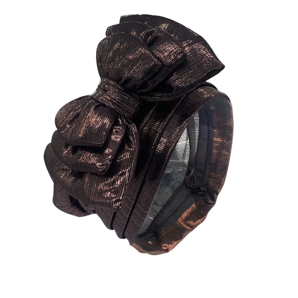 Elegant women's gold turban cap with multi-layer bowknot, African headtie, headwrap, and gele style for stylish women.