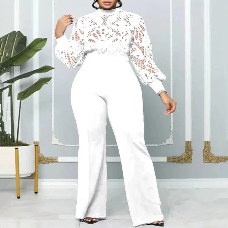 Elegant women's lace panel wide-leg jumpsuit with long sleeves, featuring a stretch fabric and stylish hollow-out lace details.