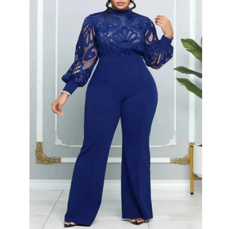 Elegant women's lace panel wide-leg jumpsuit with long sleeves, featuring a stylish, stretch-fit design for a sophisticated look.