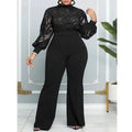 Elegant women's lace panel wide leg jumpsuit with long sleeves and stretch fabric, featuring a classy, hollow-out lace design.