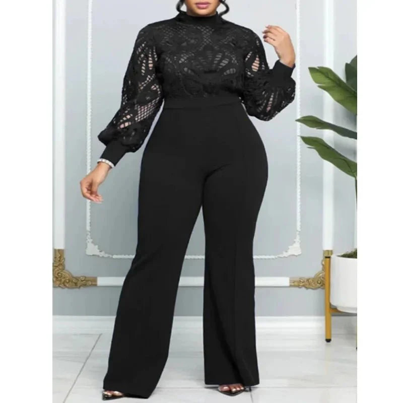 Elegant women's lace panel wide leg jumpsuit with long sleeves and stretch fabric, featuring a classy, hollow-out lace design.