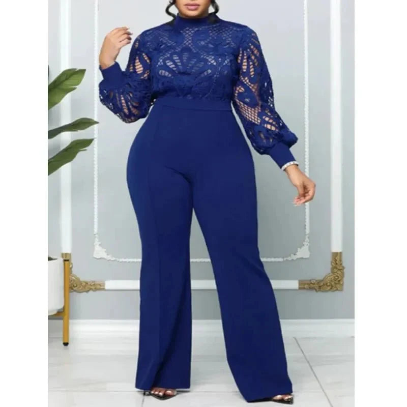 Elegant women's lace panel wide leg jumpsuit with long sleeves, featuring a stylish hollow-out design and stretchy fabric for a chic look.