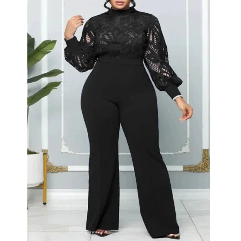 Elegant women's lace panel wide-leg jumpsuit with long sleeves, featuring a stretch fabric and stylish hollow-out lace details.