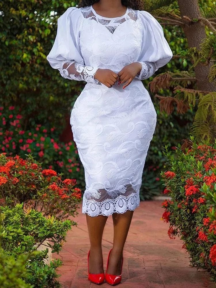 White lace embroidery pencil dress with puff sleeves, SHOWLU FASHION STORE, elegant midi sheath for women, large size 4XL.