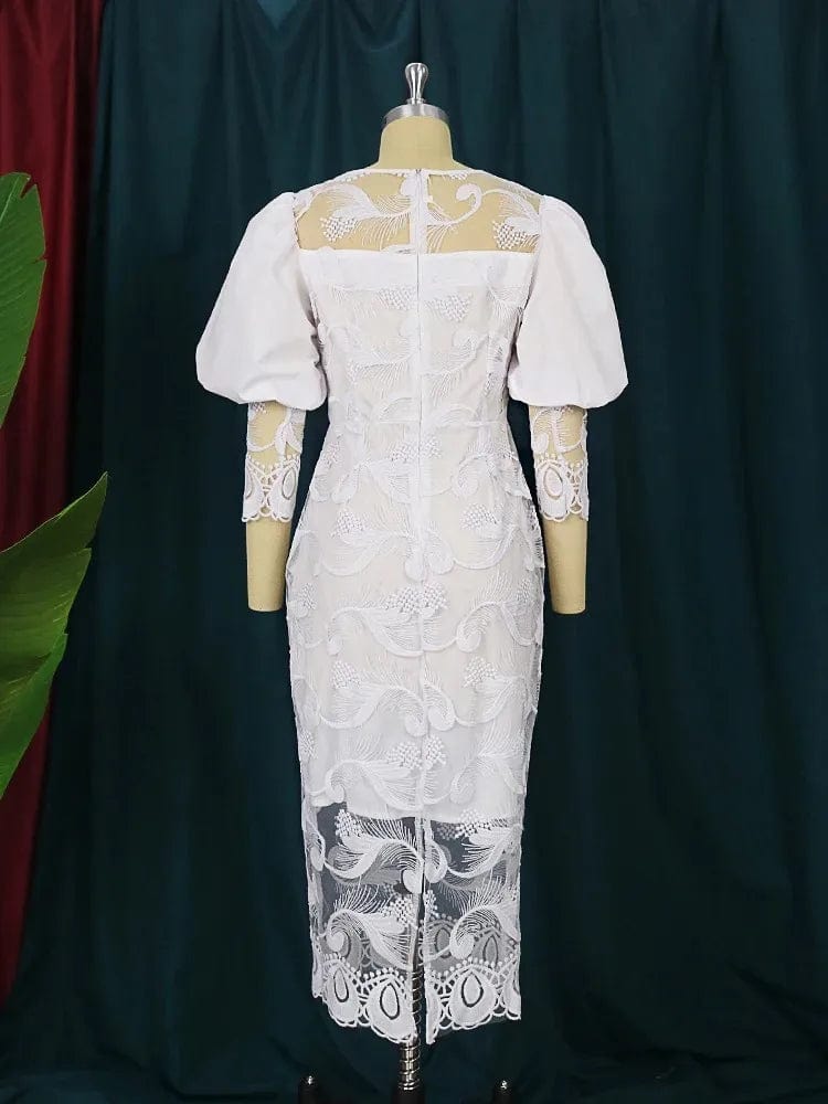 Elegant Women White Lace Dress Puff Sleeve Embroidery Pencil Dress Large Size 4XL Ladies Wedding Birthday Dinner Evening Clothes - SHOWLU FASHION STORE