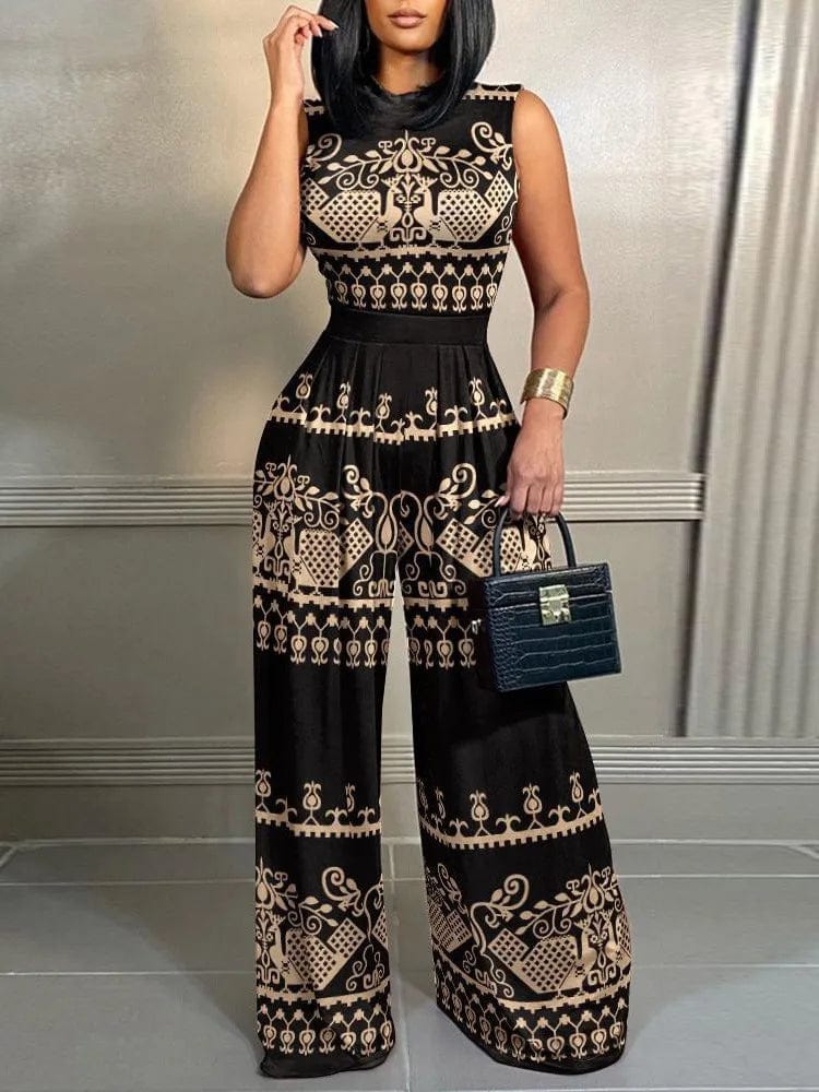 Owner Girl Women's printed sleeveless wide-leg jumpsuit, casual and elegant, perfect for spring-summer holidays.