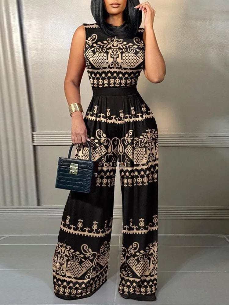 Elegant women's printed sleeveless wide-leg jumpsuit with a casual fit, perfect for spring-summer holiday wear.