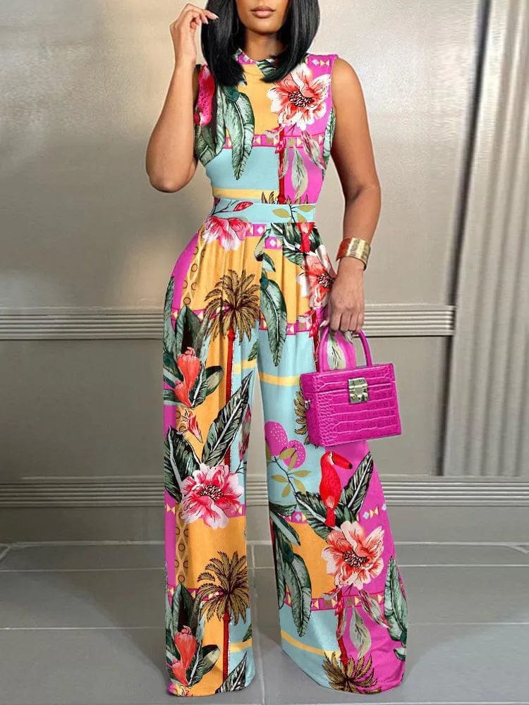 Owner Girl Women's sleeveless printed wide-leg jumpsuit, casual summer bodysuit with relaxed fit and stylish design.