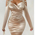 Elegant black satin V-neck lace bodycon dress for women by SHOWLU FASHION, featuring long sleeves and a slim fit design.