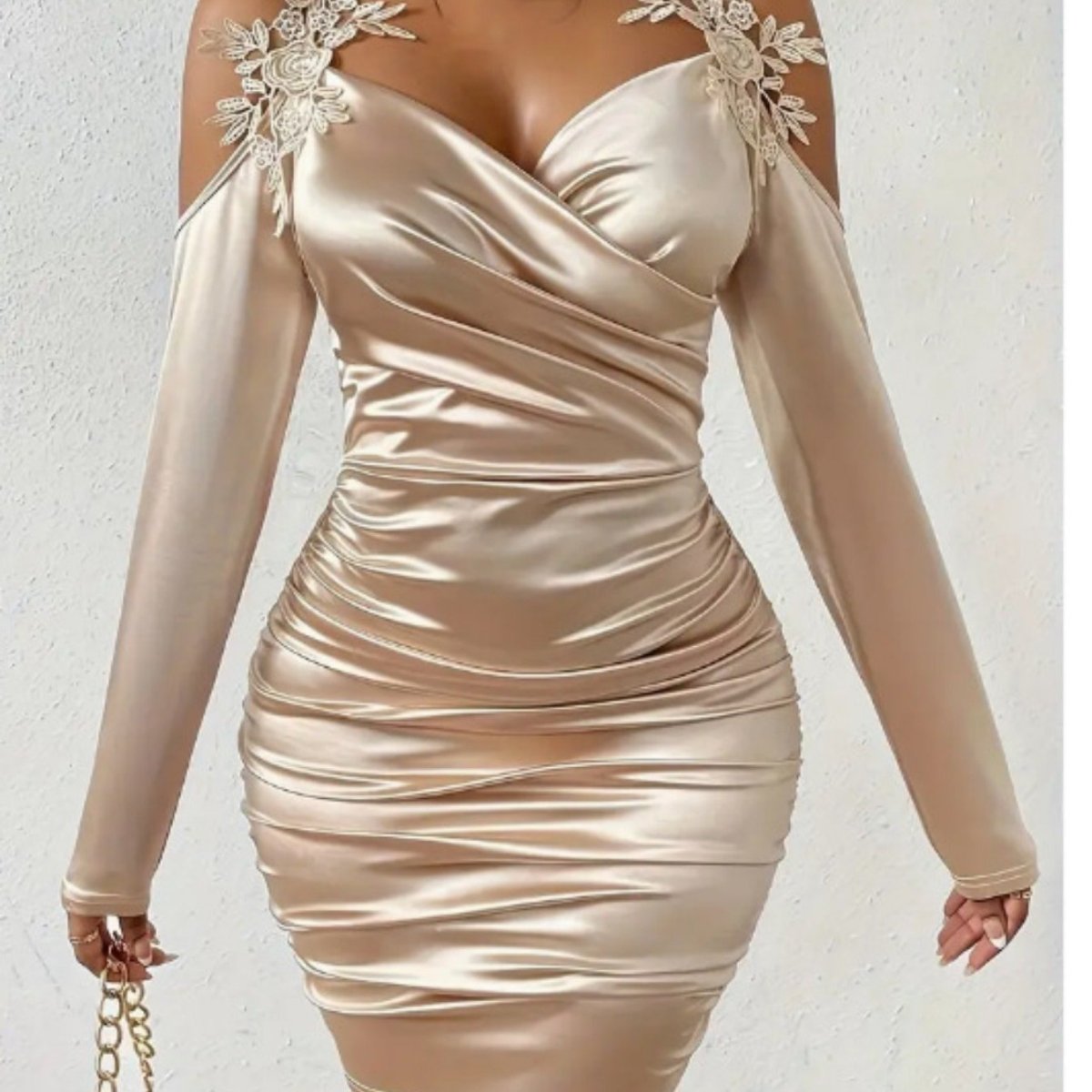 Elegant black satin V-neck lace bodycon dress for women by SHOWLU FASHION, featuring long sleeves and a slim fit design.